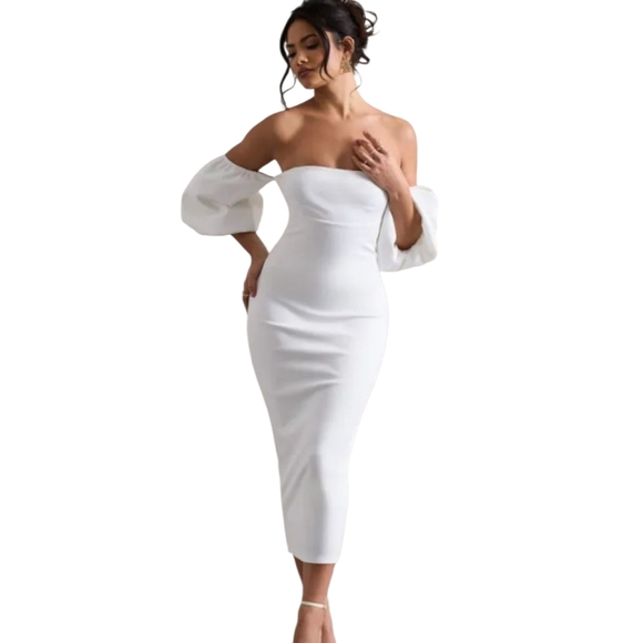 CLUB L LONDON White Bardot Puff-Sleeve Midi Dress. Size US 4 NWT - Picture 1 of 14